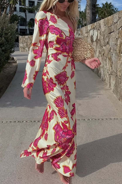 Rhia Satin Floral Print One Shoulder Flared Maxi Dress-consonak