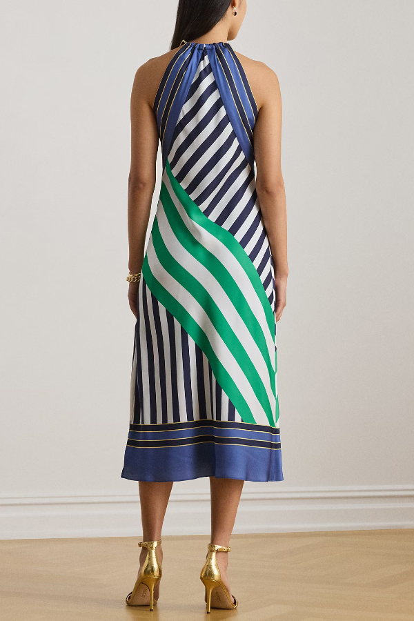 Striped Print Halter Neck Sleeveless Casual Midi Dress