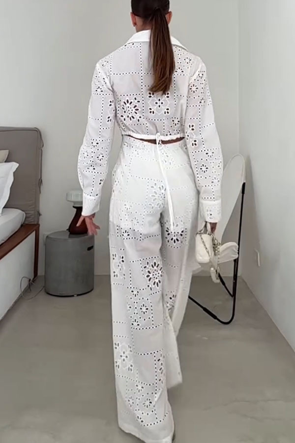 Vivi Embroidered Lace Cutout Long Sleeve Pocket Elastic Waist Loose Shirt Jumpsuit