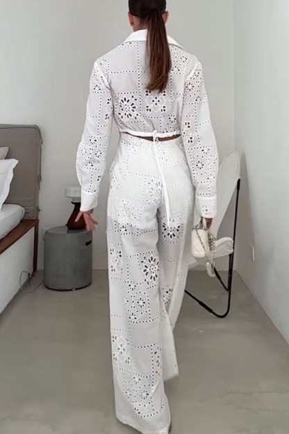 Vivi Embroidered Lace Cutout Long Sleeve Pocket Elastic Waist Loose Shirt Jumpsuit