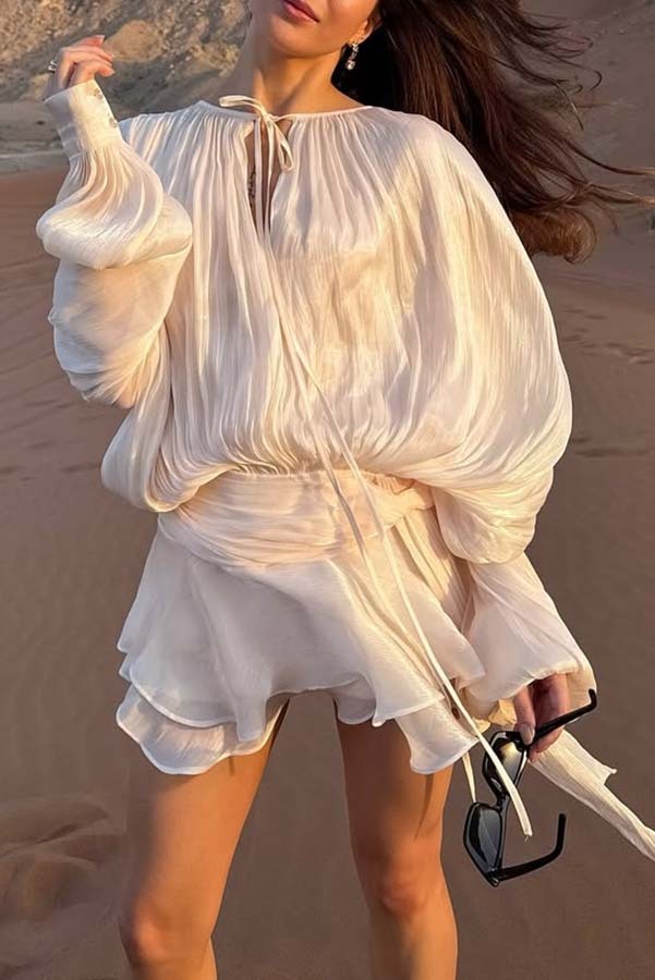 Ninah Glitter Fabric Pleated Balloon Sleeve Tiered Ruffle Hem Mini Dress-consonak