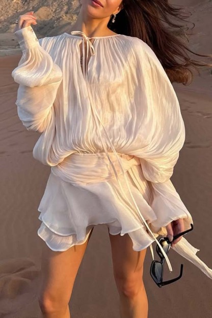 Ninah Glitter Fabric Pleated Balloon Sleeve Tiered Ruffle Hem Mini Dress-consonak