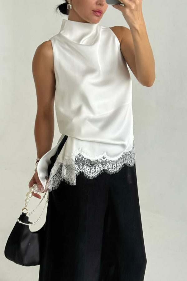 Solid Color Satin Spliced lace Sleeveless Irregular Casual Top
