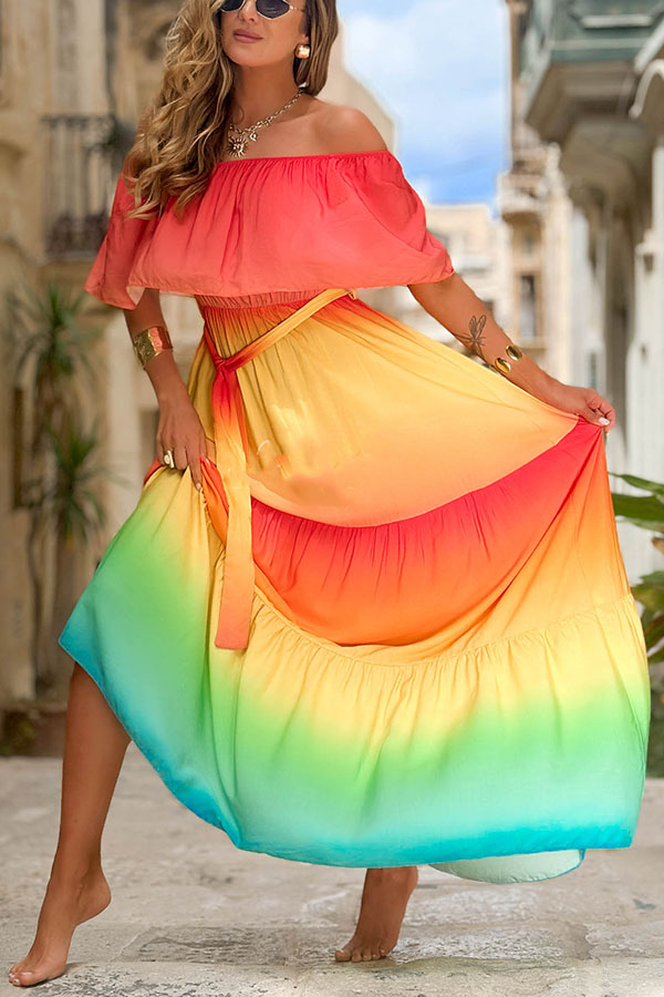Joyelle Gradient Print Off Shoulder Tie-up Vacation Maxi Dress-consonak