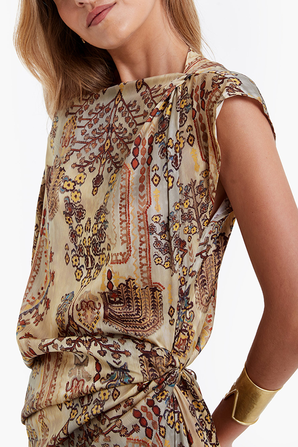 Cassie Satin Unique Print One Shoulder Ruched Waist Asymmetrical Hem Maxi Dress