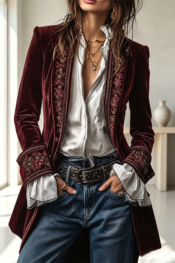 Aurelia Embroidered Velvet Tailored Blazer-Consonak