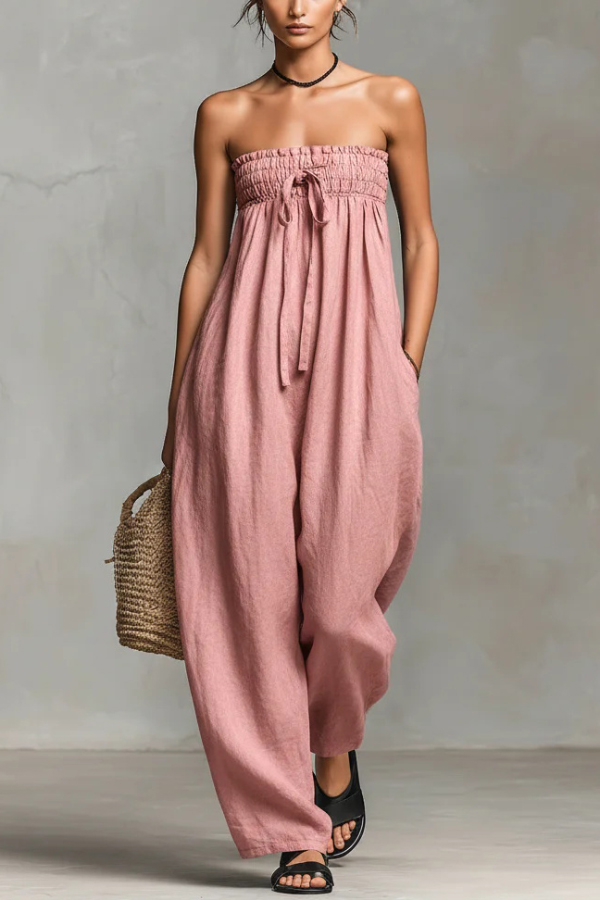 Linen Blend Sleeveless Off-shoulder Pleated Drawstring Loose Pocket Jumpsuit | Consonak
