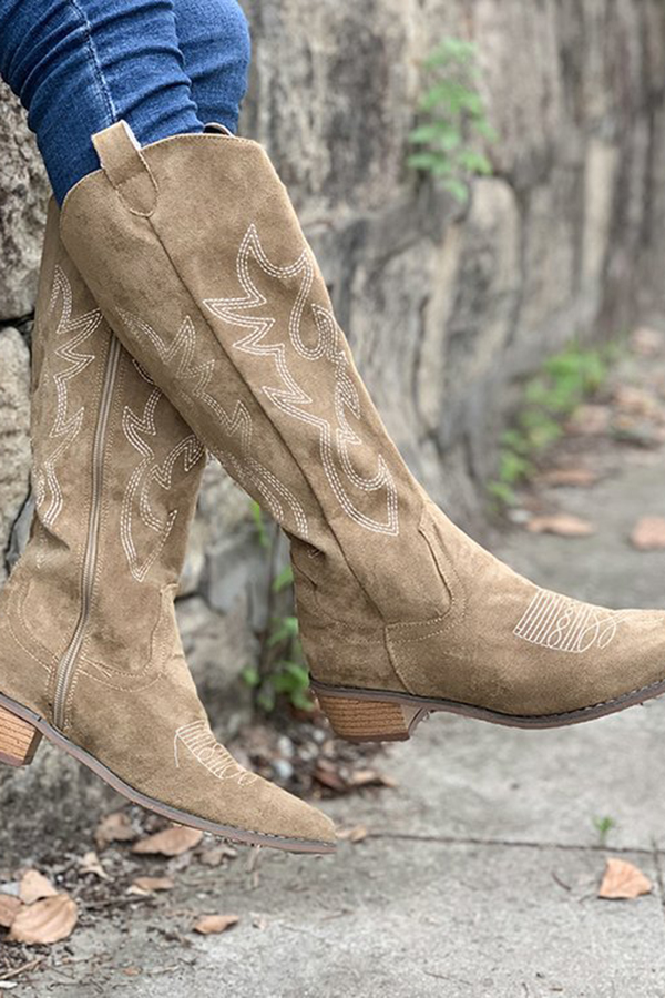 Retro Embroidered Block Heel Mid-calf Western Cowboy Martin Boots-consonak