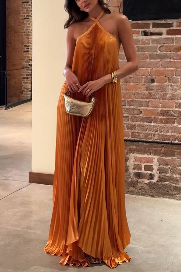 Luxurious Atmosphere Satin Halter Neck Backless A-line Gown Maxi Dress | Consonak