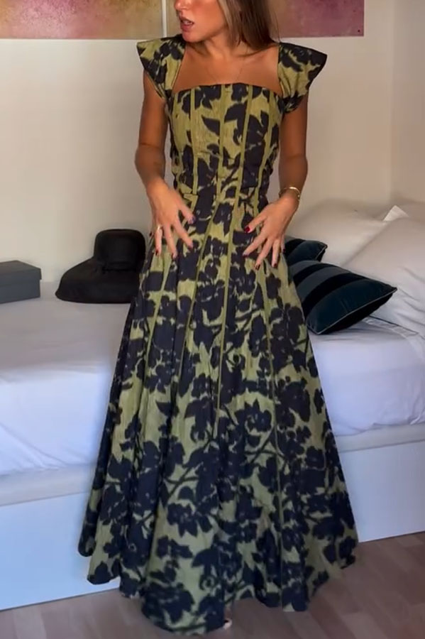 Elara Linen Blend Floral Print Princess Line Design Detachable Sleeves Maxi Dress | Consonak