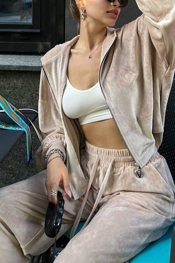 Velvet Casual Zip-up Hooded Top and Elastic Waist Wide Leg Pants Set-consonak