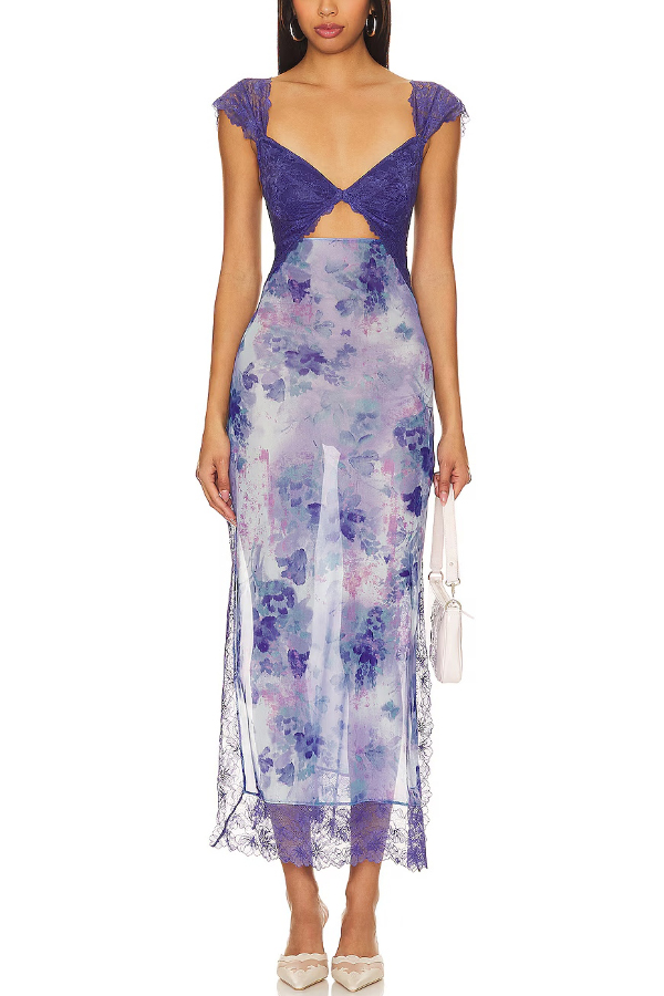 Floral Print Lace Patchwork Hollow-out Slim-fit Midi Dress-consonak