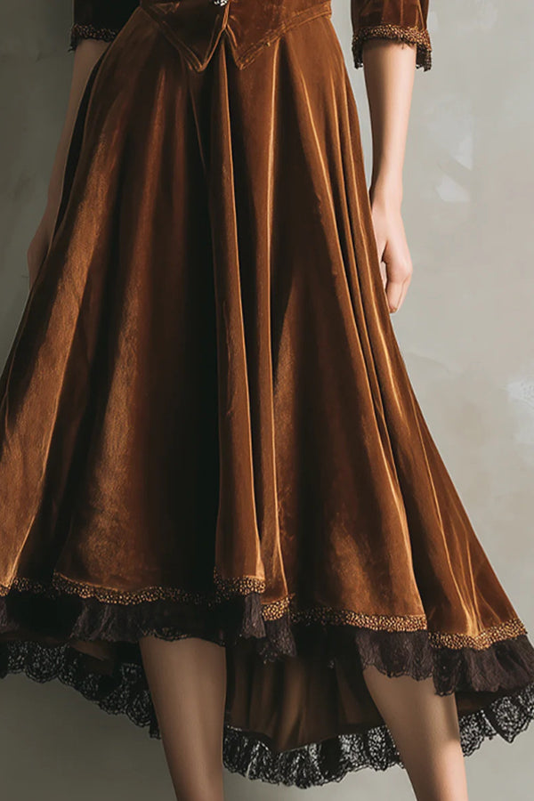 Fashionable Velvet and Lace Patchwork V-neck Button Midi Dress-consonak