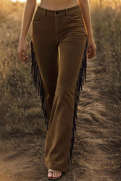 Stylish Suede High-waisted Fringed Casual Flared Pants-consonak
