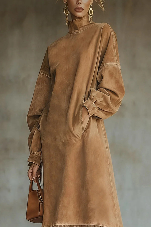Solid Color Suede Loose Long-sleeved Casual Pocket Tassel Hem Midi Dress-consonak