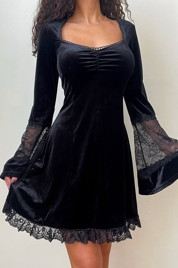 Solid Color Velvet and Lace Spliced long-sleeved Elegant Mini Dress-consonak