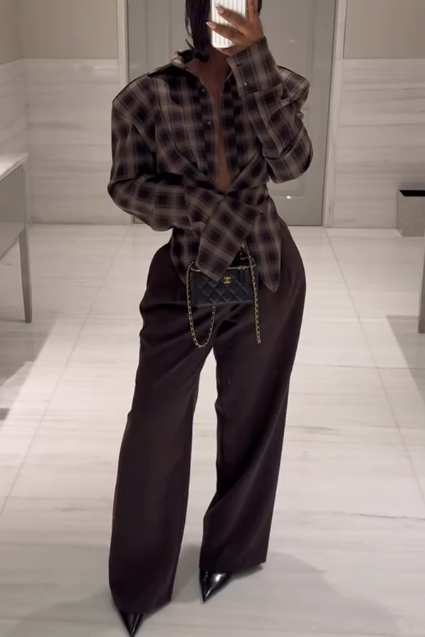 Vintage Plaid Shoulder Pad Buttons Long Sleeve Angled Hem Shirt-consonak