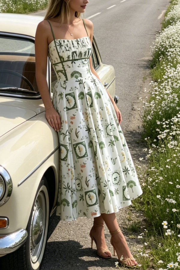 Unique Printed Thin-strapped Pleated Waist Casual Maxi Dress | Consonak
