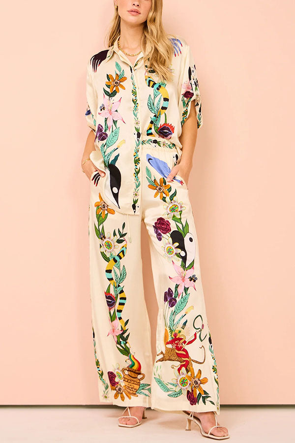 Modern Sophisticated Feel Satin Unique Print Button Down Oversized Blouse-consonak