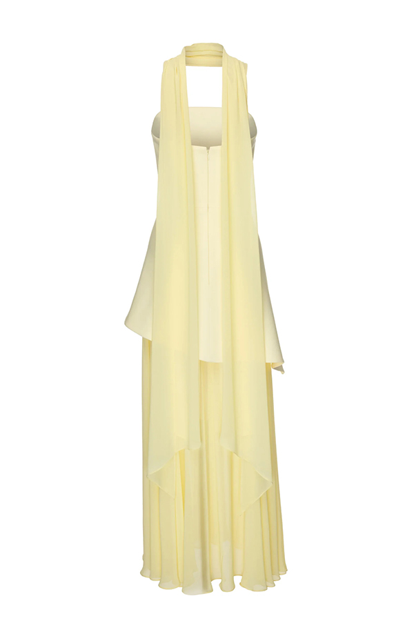 Monaco Off Shoulder Structured Top Chiffon Slit Hem Scarf Maxi Dress | Consonak