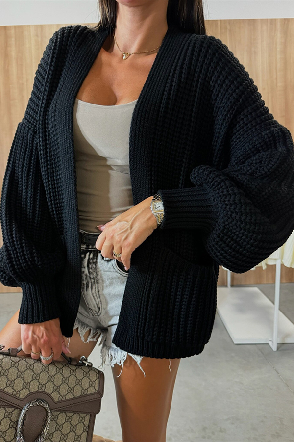 Solid Color V-neck Long-sleeved Casual Knitted Cardigan-consonak