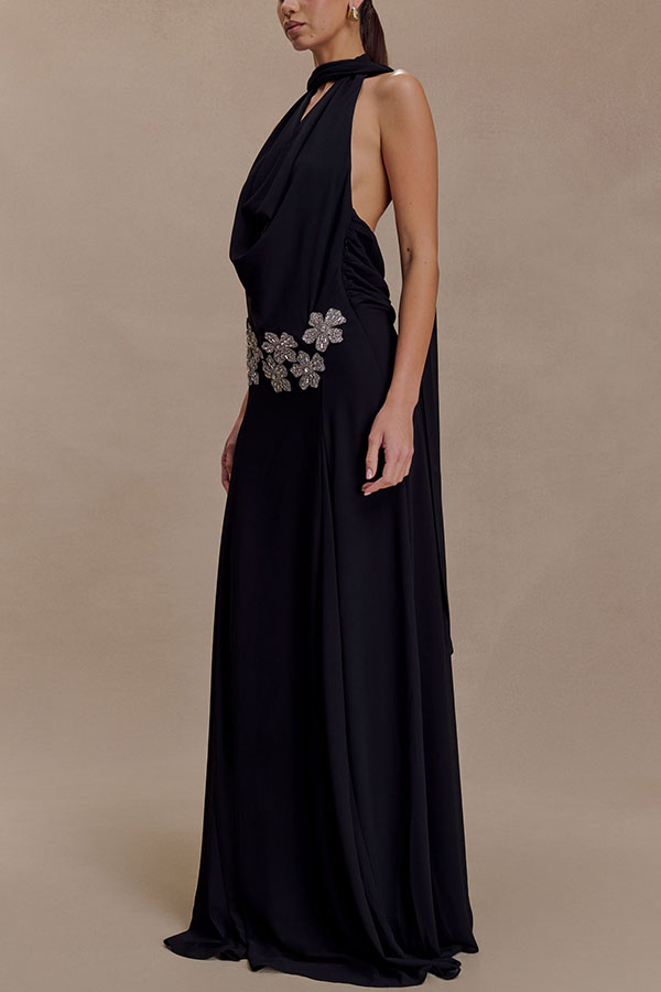 Santal Chiffon Detachable Halter Cowl Neck Scarf Floral Diamante Trims Maxi Dress-consonak