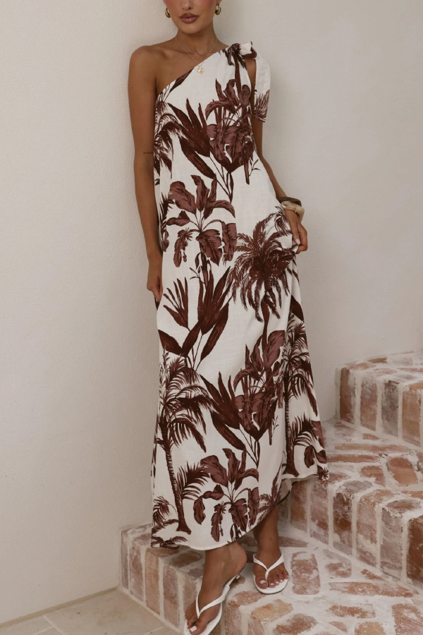 Botanical Print Sleeveless One-shoulder Casual Vacation Maxi Dress-consonak