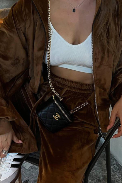 Velvet Casual Zip-up Hooded Top and Elastic Waist Wide Leg Pants Set-consonak