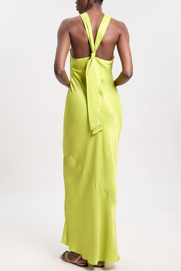 Kalanie Satin Metal Decoration Halter Neck Back Tie-up Maxi Dress