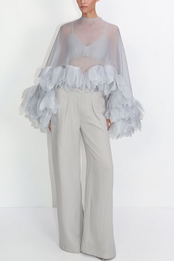 Cleo Sheer Hand-crafted Floral Petal Trim Back Tie-up Loose Cape