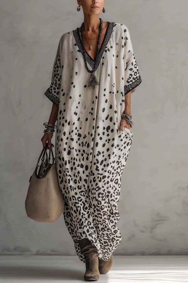 Unique Print V-Neck Half Sleeve Loose Casual Maxi Dress