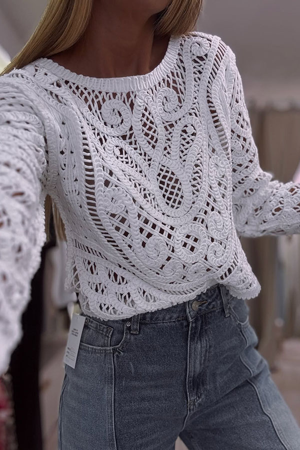Lopez Knit Crochet Cutout Unique Pattern Long Sleeve Loose Top