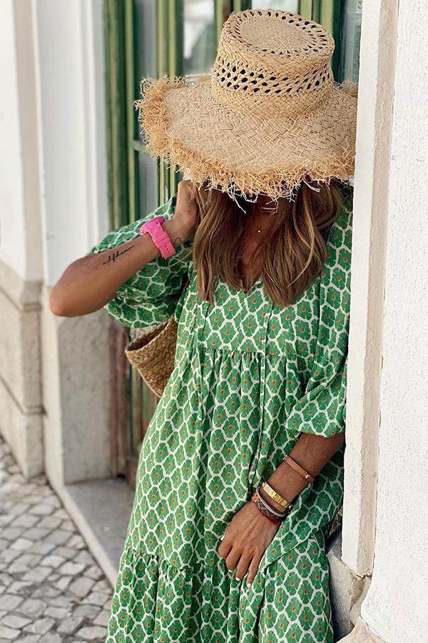 Wandering Soul Puff Sleeve Loose Midi Dress-consonak