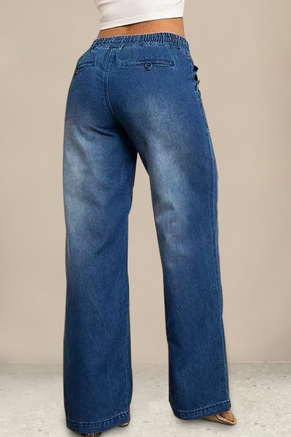Stylish Elastic Waist Drawstring Pocket Casual Straight Wide-leg Jeans