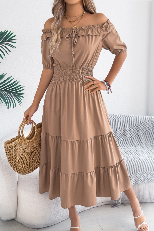 Stylish Off-shoulder Short-sleeved Pleated Waist Casual Midi Dress-consonak