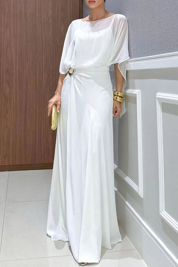 Vivian Chiffon Cape Top and  Metal Buckle Wrap Wide-Leg Pants Set
