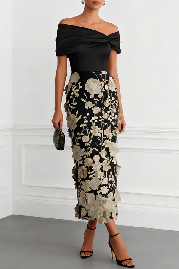Classic 3D Floral Embroidery Off The Shoulder Short Sleeve Sheath Midi Dress | Consonak