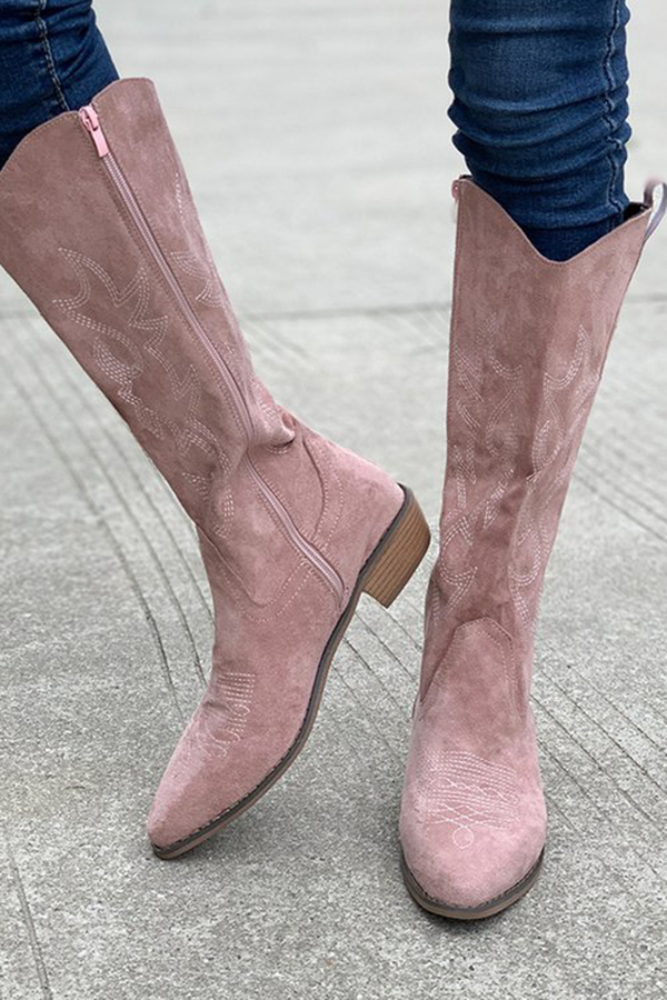Retro Embroidered Block Heel Mid-calf Western Cowboy Martin Boots-consonak
