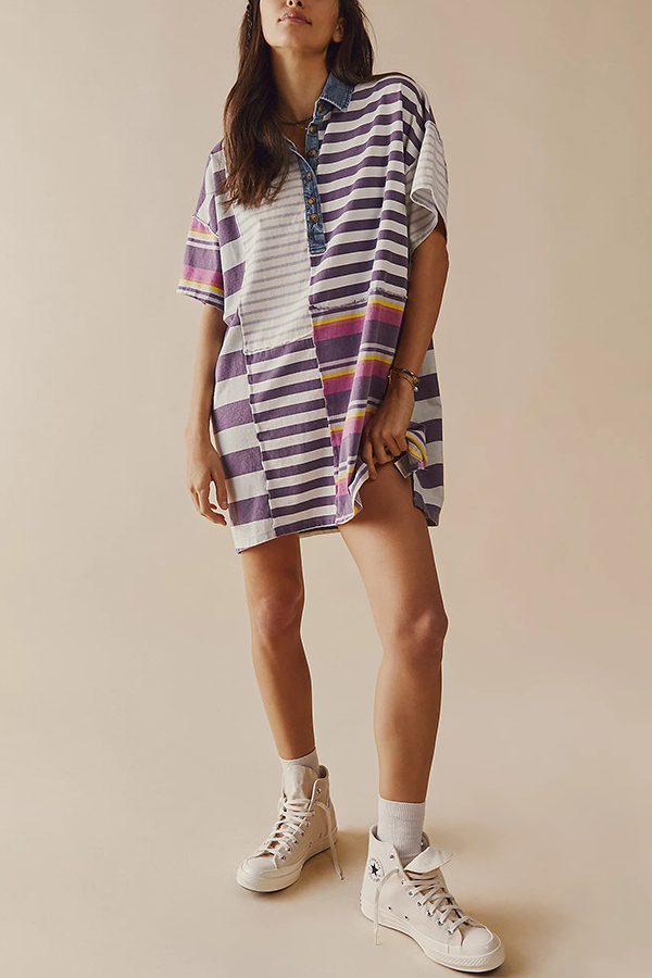 Contrast Striped Patchwork Denim Lapel Loose Casual Mini Dress-consonak