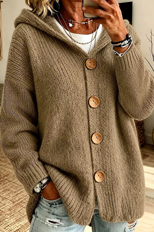 Warm Season Knit Four-button Long Sleeve Hooded Loose Cardigan-Consonak