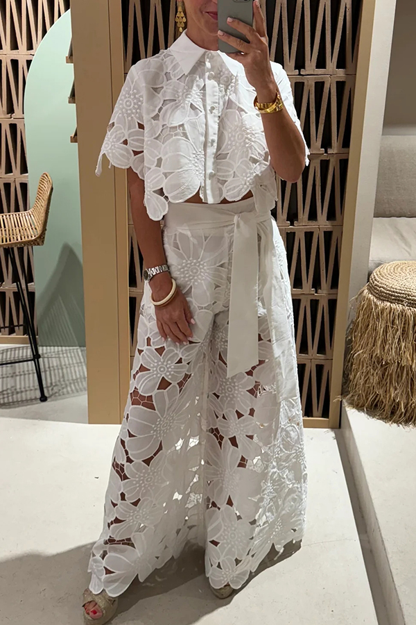 Redefining Elegance Floral Lace Cropped Shirt and Belt Pocketed Wide Leg Pants Set | Consonak