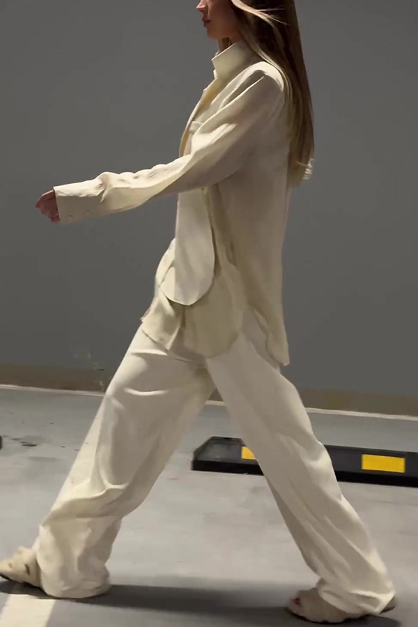 Chic and Elegant Chiffon Patchwork Irregular Lace-up Jacket and Pocketed Straight-leg Pants Set-consonak