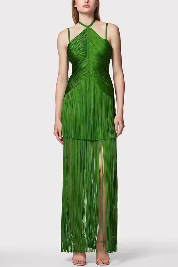 Sexy Halterneck Open Back Elegant Tassel Slim Maxi Dress-consonak