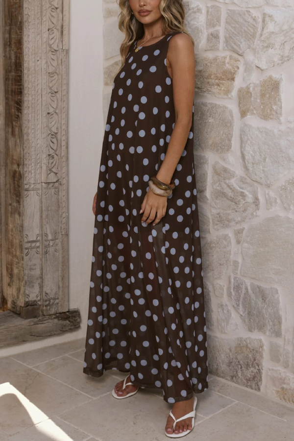 Polka Dot Print Loose Round Neck Sleeveless Mesh Casual Maxi Dress | Consonak