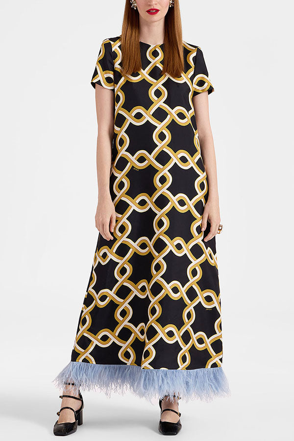 Annalisa Satin Court Style Contrast Color Printed Short Sleeve Pocket Feather Trim Maxi Dress-Consonak