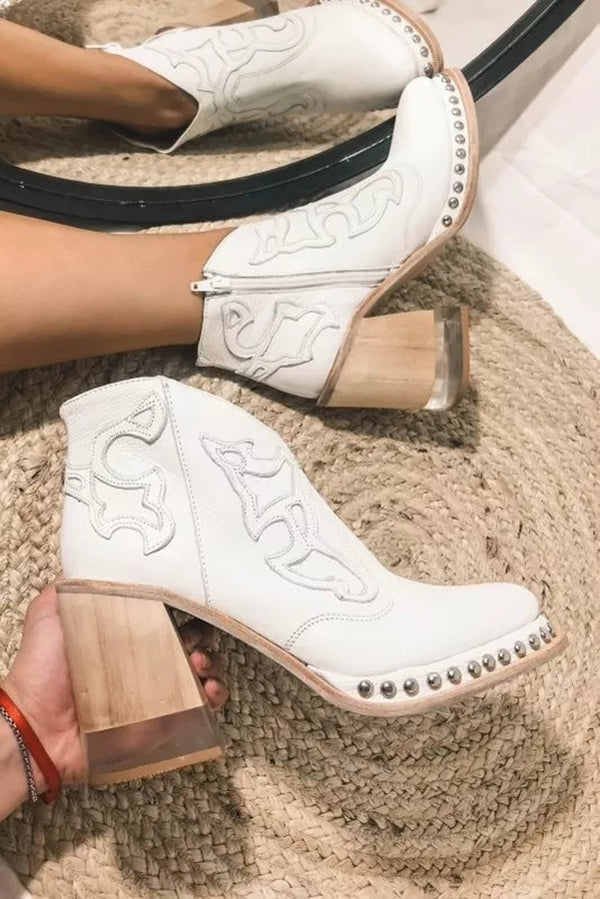 Stylish Embroidered Rivet Welt Acrylic Crystal High Heel Boots | Consonak
