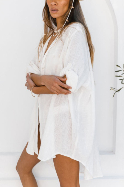 Solid Color Loose Long-sleeved Hollowed-out Long Cover-up Shirt-consonak