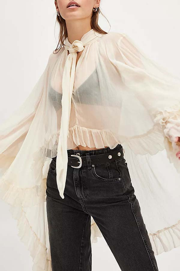 Flowy See-through Ruffle Tie-up Neck Bell Sleeve High-low Hem Cape Shirt-consonak