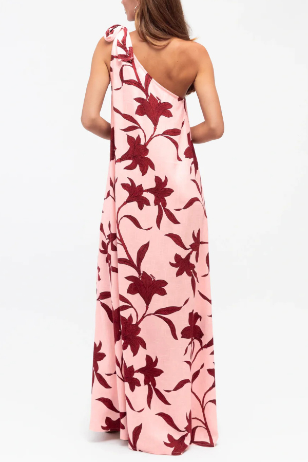 Botanical Print Sleeveless One-shoulder Tie-up Casual Vacation Maxi Dress-consonak