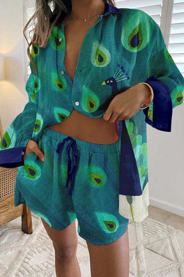 Smart Peacock Print Casual Buttoned Lace Up Shorts Set-consonak